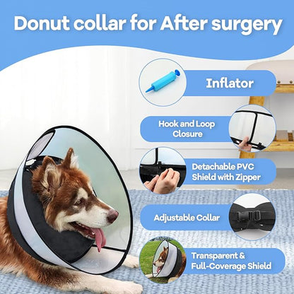 2-in-1 Upgraded Inflatable Dog Cone Collar with Detachable Anti-Licking Shield, Soft Adjustable Elizabethan Collar for Dogs After Surgery (M, Black)