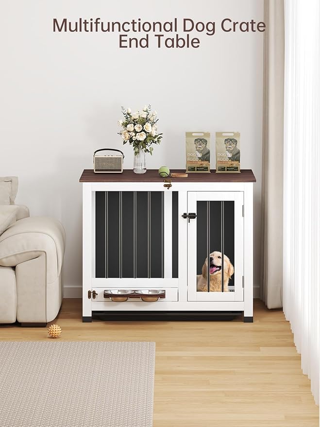 Dog Crate - 31.5" Wooden Dog Kennel Furniture with 360° Rotating Feeder & Removable Tray | Indoor Multi-Functional End Table for Medium & Small Dogs, White Dog Cage, Portable Pet Furniture
