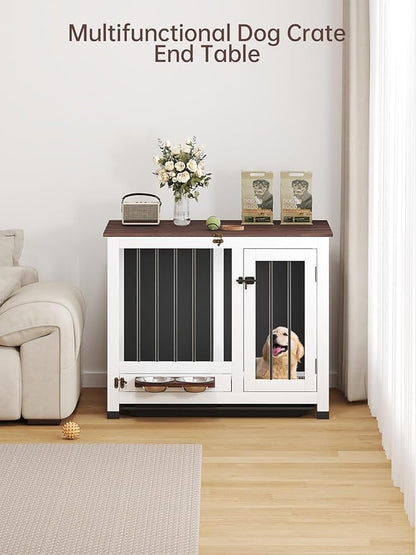 Dog Crate - 31.5" Wooden Dog Kennel Furniture with 360° Rotating Feeder & Removable Tray | Indoor Multi-Functional End Table for Medium & Small Dogs, White Dog Cage, Portable Pet Furniture