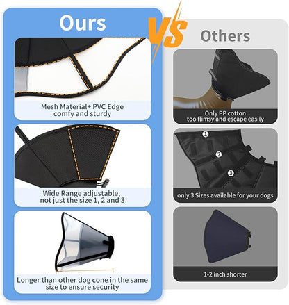 WinWeal Soft Dog Cone Collar for Dogs After Surgery, Transparent Breathable Pet Recovery Collar for Large Medium Dogs, Adjustable Dog Cone Collar, Elizabethan Collar (S, Black)