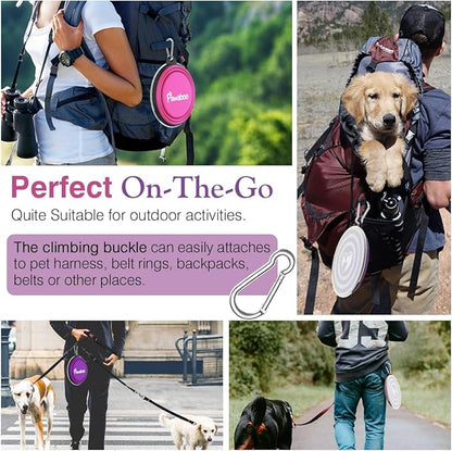 Pawaboo Collapsible Dog Bowls 2 Pack, Silicone Feeding Watering Bowls with Lids & Carabiners for Dogs Cats, Portable Water Feeder Food Bowl for Walking Traveling Home Use, Pink + Purple