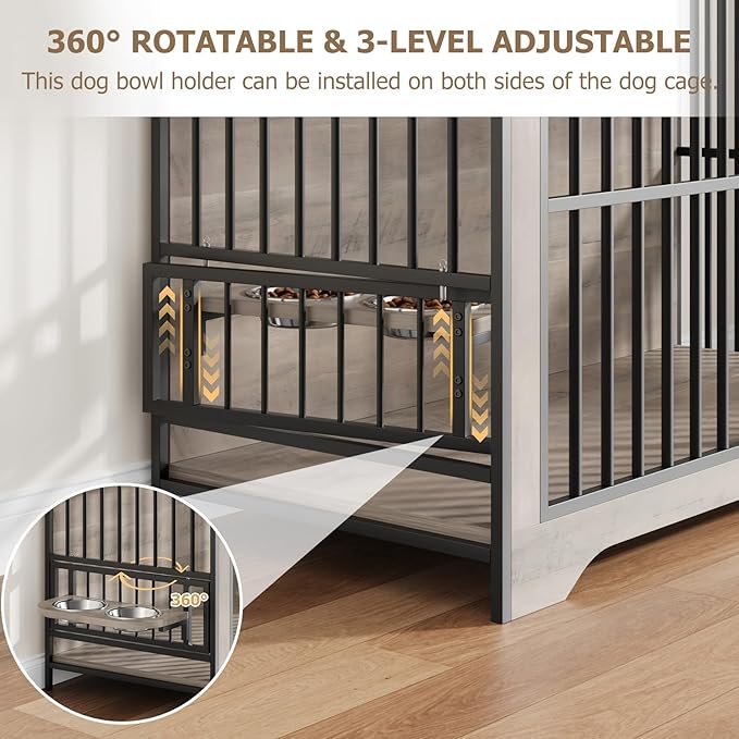 QUW 42" Modern Dog Crate Furniture, Wooden Dog Kennel for Medium to Large with 360°Rotating & 3-Levels Adjustable Height Dogs Bowl Holder, Decorative Dogs cage Pet House Indoor, Grey