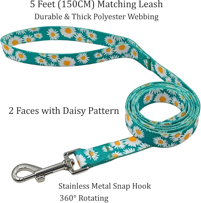 Dog Collar and Leash Set, Cute Daisy Pattern, Polyester Material, 5ft Leash, for Small Dogs.(Small,Green Daisy)