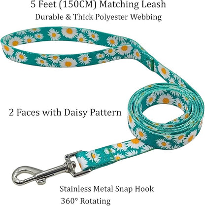 Dog Collar and Leash Set, Cute Daisy Pattern, Polyester Material, 5ft Leash, for Puppy Dogs.(Extra Small,Green Daisy)