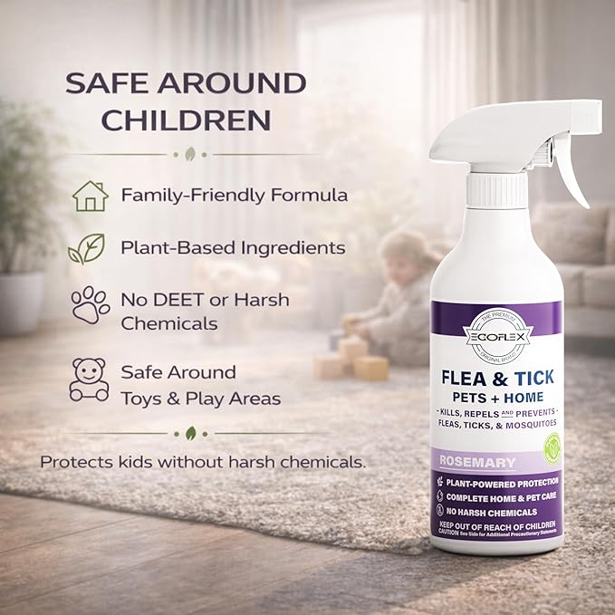 Flea Spray for Home & Pets - Flea and Tick Prevention for Dogs - Plant Based Repellent with Natural Essential Oils for Dog Flea Treatment Protection - Rosemary Scent - 16 Fl Oz