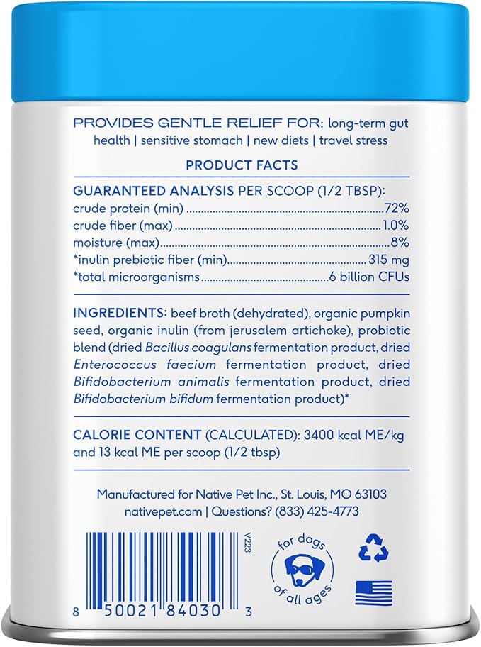 Native Pet Probiotics for Dogs – Dog Probiotic Powder for Gut & Digestive Health, Vet-Formulated 6B CFUs Dog-Specific Probiotic Strains, Supports Stool Quality & Diet Transitions – 60 Scoops
