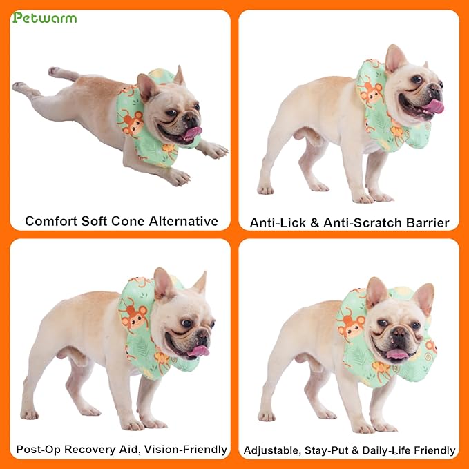 PetWarm Recovery Collar for Dogs, Dog Recovery Collar, Lightweight Pet Neck Protector with Memory Foam Padding, Gentle No-Lick Flower Design for Calm Rest and Travel, Monkey Print, Green, S