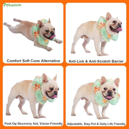 PetWarm Recovery Collar for Dogs, Dog Recovery Collar, Lightweight Pet Neck Protector with Memory Foam Padding, Gentle No-Lick Flower Design for Calm Rest and Travel, Monkey Print, Green, L