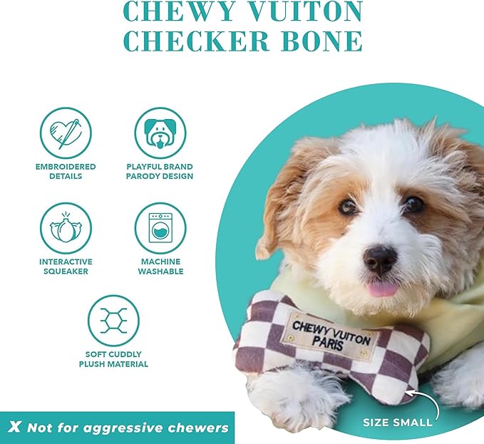 Haute Diggity Dog Chewy Vuiton Bone Plush Squeaky Dog Toy, Soft Durable Designer-Inspired Stuffed Puppy Chew Toys for Small & Medium Dogs, Machine-Washable (Tan Checker) Large