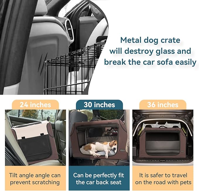 PETSFIT Soft Dog Crate, Travel Dog Crate - 24 Inch Sturdy Adjustable Structure, Easy to Set Up, Portable Dog Car Crate, Light Tough with 3 Mesh Doors Brown