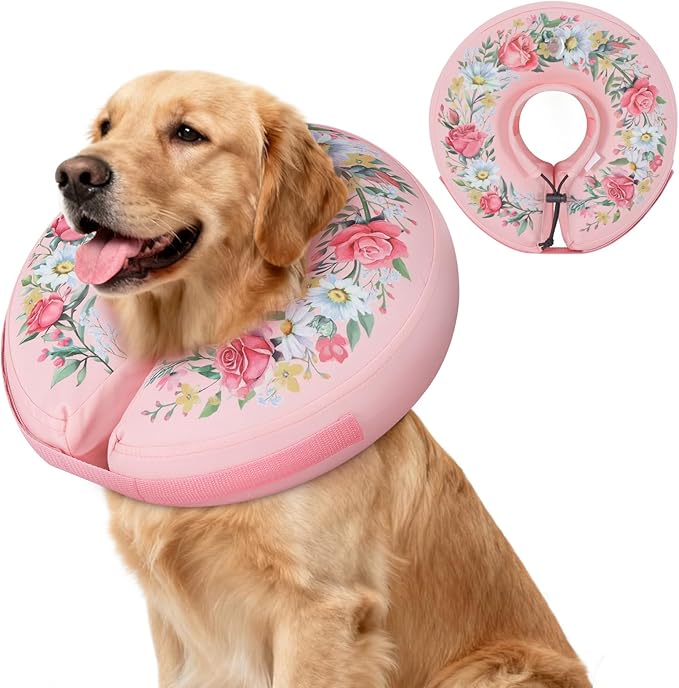 IEUUMLER Inflatable Recovery Dog Cone Collar, Neck Donut Protective ECollar, Adjustable Soft Collar for Dog and Cat After Surgery Prevent from Biting & Licking EU020 Floral Wreath XL