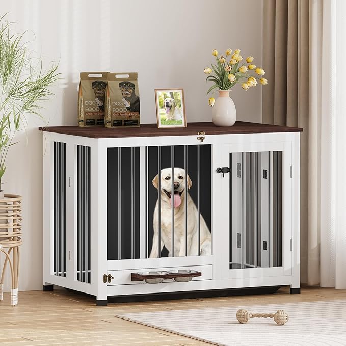 39.4" Dog Crate Furniture - Sturdy Dog Kennel with 360° Rotating Feeder & Removable Tray, Wooden End Table for Living Room, Dog Cage for Small & Medium, White