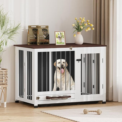 39.4" Dog Crate Furniture - Sturdy Dog Kennel with 360° Rotating Feeder & Removable Tray, Wooden End Table for Living Room, Dog Cage for Small & Medium, White