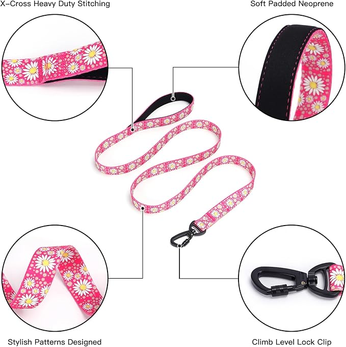 Hot Pink Martingale Dog Collar and Leash Set for Female Dogs, Cute Daisy Pattern Girl Dog Collar, Adjustable Soft Durable Pet Collar with 5ft Matching Leash for Small Medium Large Dogs