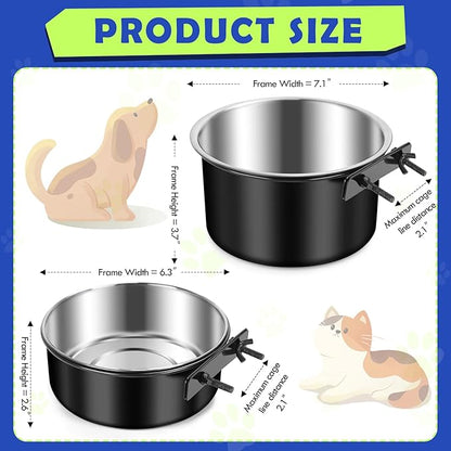 Attachable Dog Bowls for Crates, ShineMe 40oz & 60oz Dog Kennel Food and Water Bowl, 7.1 x 3.7” & 6.3 x 2.6” Dogs Crate Bowls Hanging No Spill for Large or Medium Dogs, Set of 2 Black