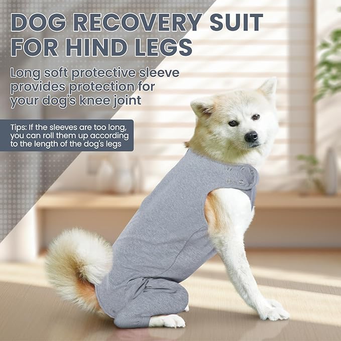 IDOMIK Dog Recovery Suit,Dog Leg Sleeve to Stop Licking Rear Legs,Thigh Wound Protective Sleeve,Male Female Pet Surgical Clothes,Doggy Surgical Suit with Pants Cover,Cone Collar Alternative,Grey,S
