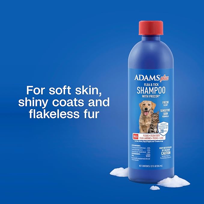 ADAMS Plus Flea & Tick Shampoo with Precor for Dogs, Cats, Puppies & Kittens, Flea Shampoo to Treat Flea Infestations, Kills Ticks, Fleas, Flea Eggs & Lice, Cleans and Conditions Coat, 12 Ounces