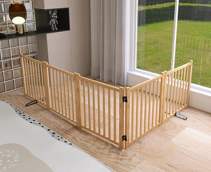 YOCAN Paint-Free Wooden Freestanding Dog Gates for The House, Doorways, Stairs,Wood Pet Fences Indoor Pet Gate,Step Over Fence-5 Panels L:115" H:23"