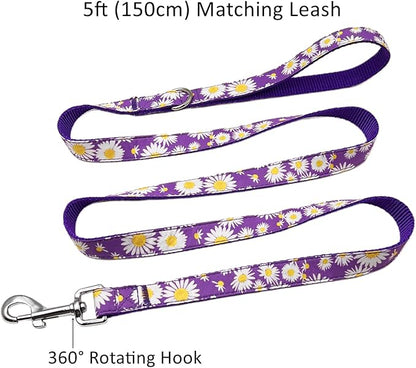Dog Collar Leash Set, Floral Pattern, Nylon Webbing Plus Cotton Ribbon, 5ft Matching Leash, for Medium Dogs.(M, Purple Daisy)