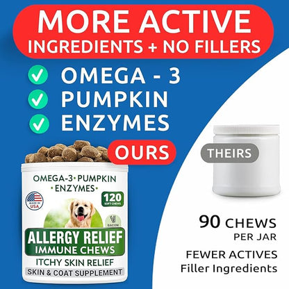 BARK&SPARK Dog Allergy Relief Soft Chews for Skin Health & Seasonal Allergies - Anti-Itch Supplement w/Omega-3, Quercetin & Bromelain Immune Treats for Dry Skin & Hot Spots - Bacon - 120ct