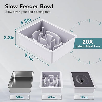 UPSKY 3-in-1 Elevated Dog Bowls: Slow Feeder, Adjustable Stand, No Spill Dispenser - Stainless Steel Food & Water Bowl for Small to Medium Dogs, White