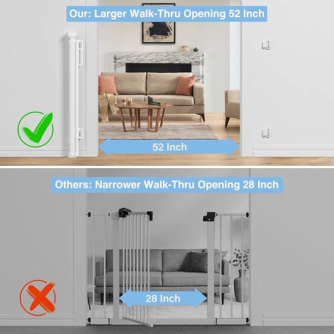PRObebi Retractable Baby & Dog Gate - Extends to 54" Wide, 34" Tall - Stair, Doorway & Hallway Use