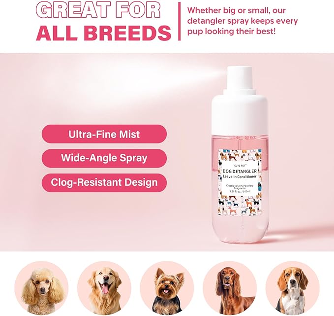 Dog Detangler & Dematting Spray - Leave-in Conditioner, Classic Powdery Scent | Infused with Coconut Oil, Jojoba Oil, and Squalane for Easy, Tangle-Free Grooming - 3.38 fl. oz