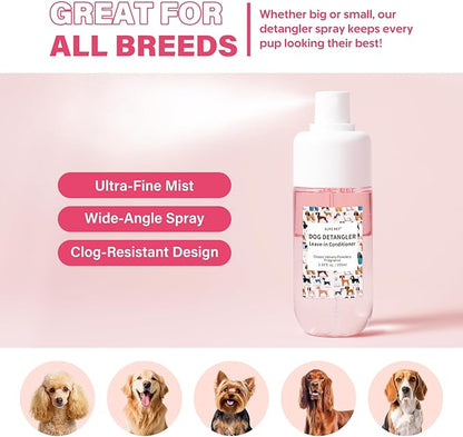 Dog Detangler & Dematting Spray - Leave-in Conditioner, Classic Powdery Scent | Infused with Coconut Oil, Jojoba Oil, and Squalane for Easy, Tangle-Free Grooming - 3.38 fl. oz
