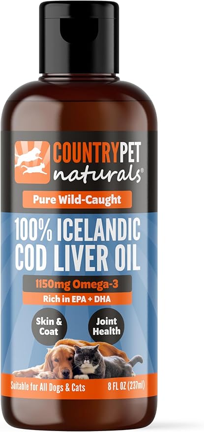 Wild-Caught Pure Icelandic Cod Liver Oil for Dogs & Cats 8oz, Single-Ingredient, 1150 mg Omega-3, High EPA/DHA, Natural Vits A&D, Supports Healthy Skin, Coat & Mobility, 8oz bottle