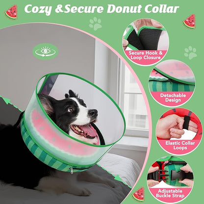 Inflatable Dog Cone with Anti-Licking Clear Shield, Protective Dog Donut Collar After Surgery, Adjustable Soft Recovery Cone for Pets, Alternative Collar with Buckle Strap (Watermelon, XL)