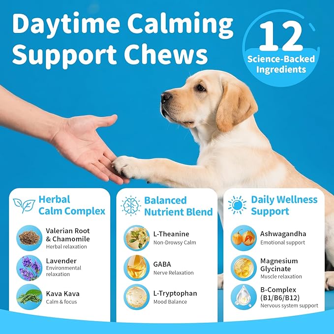 Calming Chews for Dogs – Calming Treats for Anxiety, Stress, Separation, Travel & Thunder, Non-Drowsy Alternative to Melatonin, Calm & Focus with Chamomile & Ashwagandha, Bacon Flavor, 90Ct