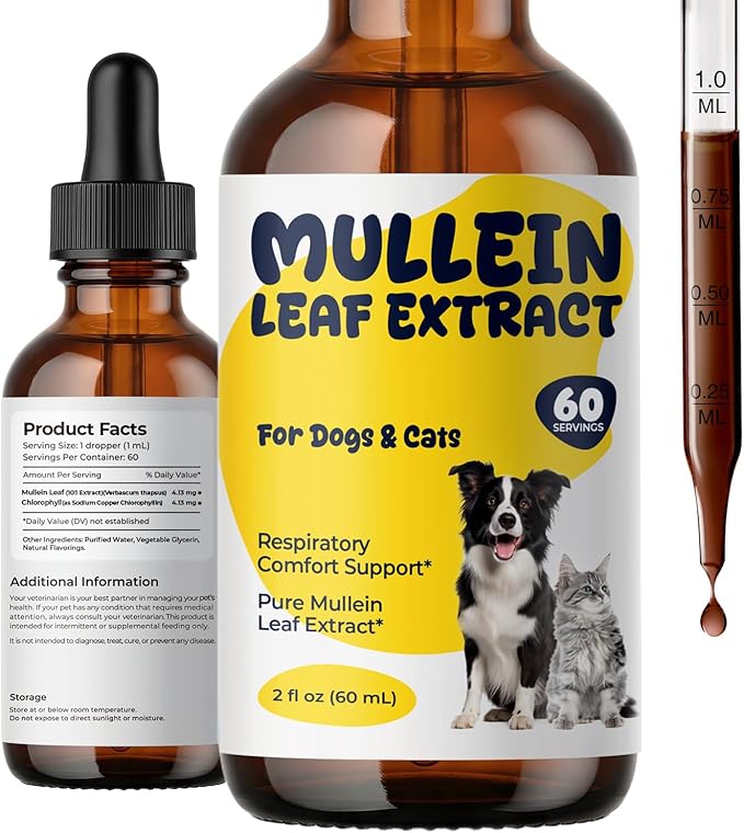 Mullein Drops for Dogs & Cats, Mullein Leaf Extract Liquid with Chlorophyll, Respiratory Comfort & Breathing Support, Pet Cough Support Drops, Herbal Liquid Supplement, 2 fl oz (60 mL)