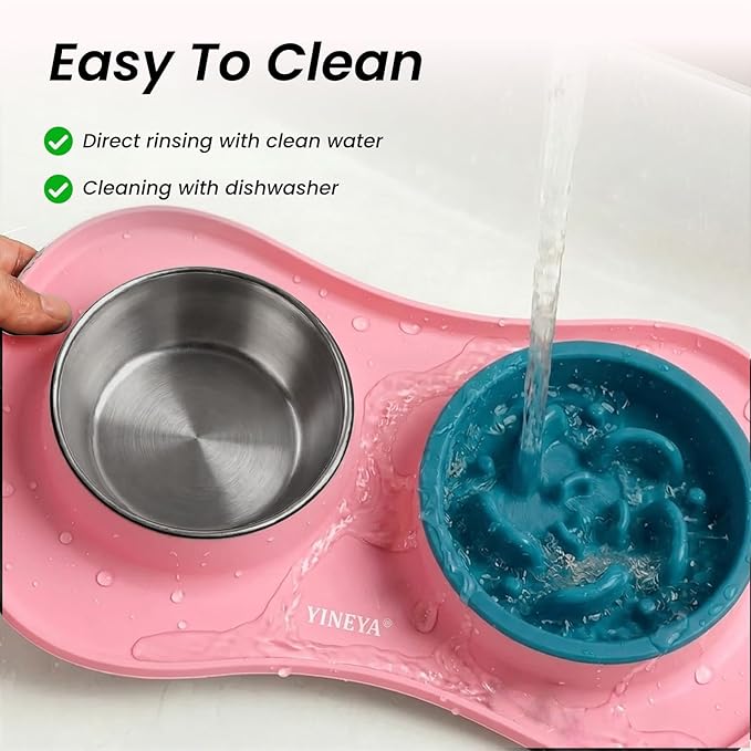 YINEYA Slow Feeder Dog Bowls Stainless Steel Food and Water Bowl Set 3 in 1 No Spill Waterproof Silicone Pet Food Mat Puppy Feeding Station for Large Medium Small Breed Non Slip Metal Dish Tray