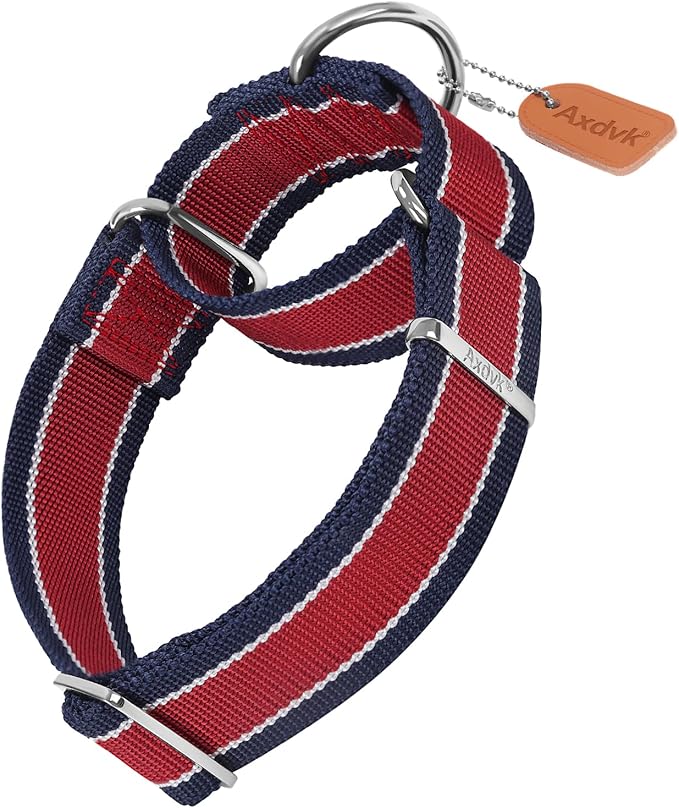 Martingale Collar 1.5 Inch Wide 1600D Extra Strong Anti Escape Nylon Dog Collar, No Pull Heavy Duty Pet Collars with 3-Color Stripe for Medium Dogs (M, Red & Navy Blue)