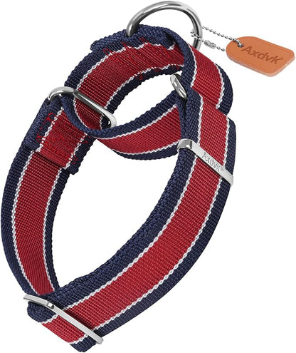 Martingale Collar 1.5 Inch Wide 1600D Extra Strong Anti Escape Nylon Dog Collar, No Pull Heavy Duty Pet Collars with 3-Color Stripe for Medium to Large Dogs (L, Red & Navy Blue)