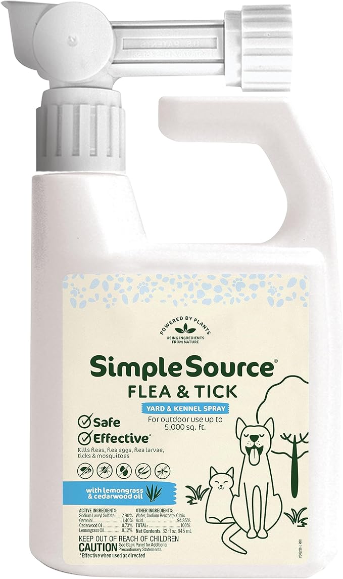 SimpleSource Flea & Tick Yard & Kennel Spray, Powered by Plants, Eliminates Fleas, Flea Eggs, Flea Larvae, Ticks, & Mosquitos, 32oz Bottle