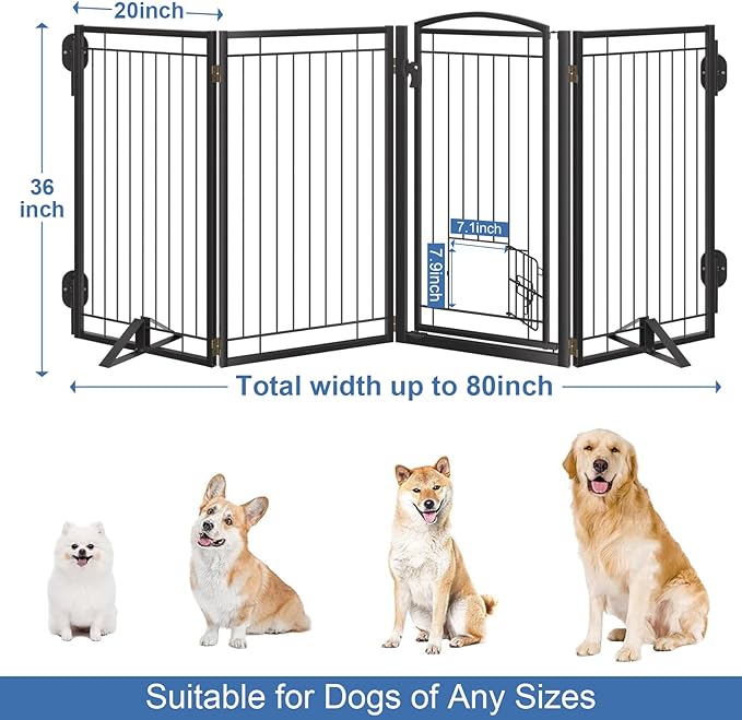 36" Tall Metal Freestanding Dog Gate with Cat Door for Indoor&Outdoor,80" Extra Wide Foldable Pet Gate,Foldable Indoor Dog Fence for Wide Openings Stairs,Deck,Yard,Doorways(4 Panels,Black)
