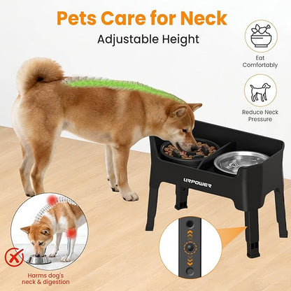 URPOWER 3-in-1 Elevated Dog Bowls - Mess Proof 4 Height Adjustable Raised Stand with 2 Stainless Steel Food Bowls for Small, Medium Dogs