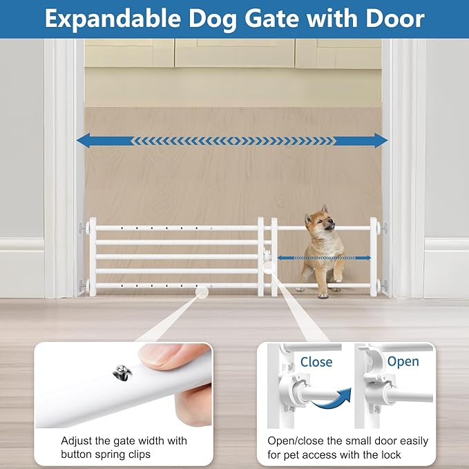 Malier Indoor Dog Gate with Door, 34-55" Extra Wide Full Metal Pet Gate Short Dog Gate for Stairs, Pressure Mount 10'' Tall Small Puppy Low Gate Easy Step Over for Doorways