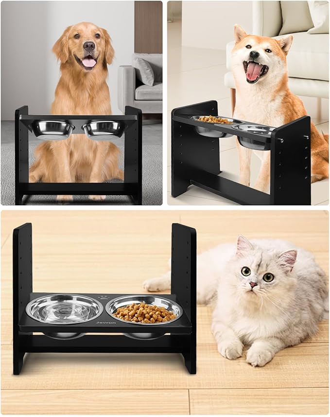 Jovrun Elevated Dog Bowls, Adjustable Raised Dog Bowl Stand for Medium Size Dogs and Cats, Durable Bamboo Dogs Feeder with 2 Stainless Steel Bowls and Non-Slip Feet, Pet Food Bowl for Medium Sizes