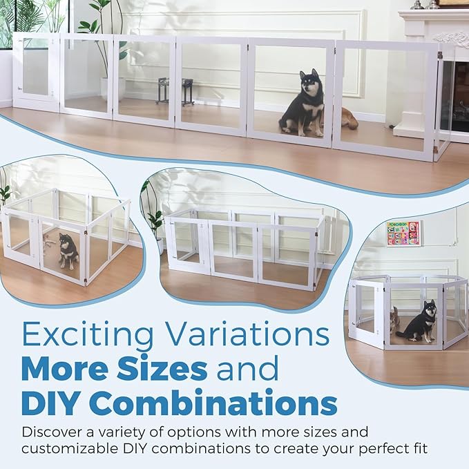 Heavy Duty Clear Acrylic Dog Playpen, 32" Height Transparent Pet Pen, Metal Frame Easy Assemble Kennel Enclosure, Ideal for Small to Medium Dogs, Cats, and Other Small Pets (White, 6 Panels with door)