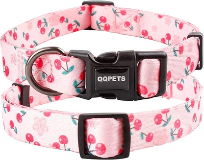 QQPETS Adjustable Soft Dog Collar: Print Flower Pink Multicolor Cute Patterns for XS Small Medium Large Pet Girl Boy Puppy Walking Running Training (M, Sakura Pink)