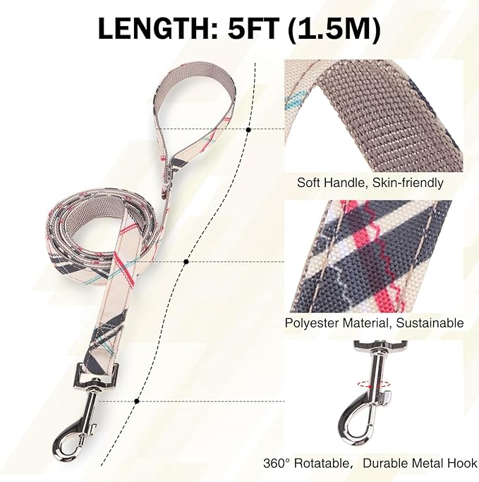 Dog Collar and Leash Set for Medium Dogs, Adjustable Soft Puppy Collar with Quick Release Buckle, 5FT Heavy Duty Nylon Matching Leash for Boy Girl Chihuahua, Yorki, Bulldog, Beige M