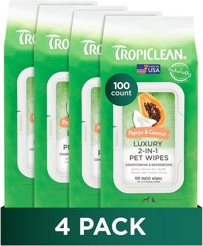 TropiClean Papaya & Coconut Dog Wipes for Paws and Bottom | Deep Cleaning Dog Grooming Wipes | Safe for The Face | Cat Friendly | 400 Count