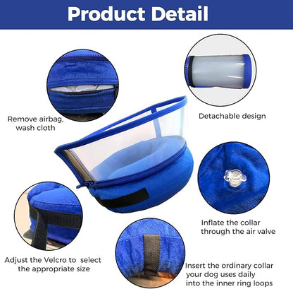 Inflatable Dog Cone Collar, Adjustable Size Velcro with Soft Padding Collar After Surgery for Large Dogs to Stop Licking,Extra Enhanced Anti-Licking Guard Shield for Pets(Blue/L(12-16" Neck))