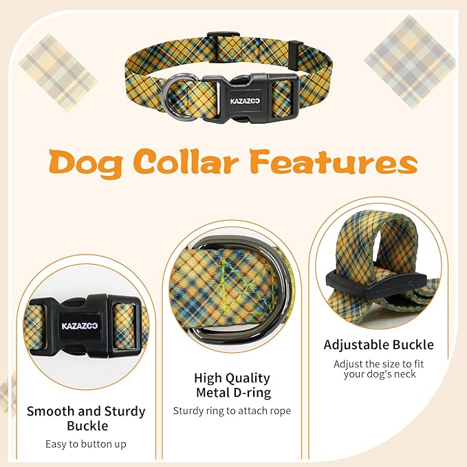 Kazazoo Dog Collar Cute and Soft Nylon Puppy Collar for Boy and Girl, Adjustable Dog Collars for Small Medium Dogs, Yellow&Blue Plaid-S