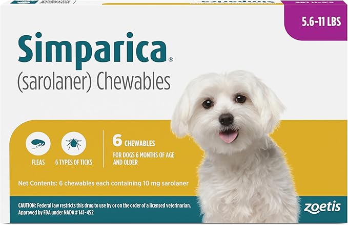 Simparica (sarolaner) Chewables for Dogs, 10 mg/tab, 5.6-11 lbs (Purple), 6 Tablets