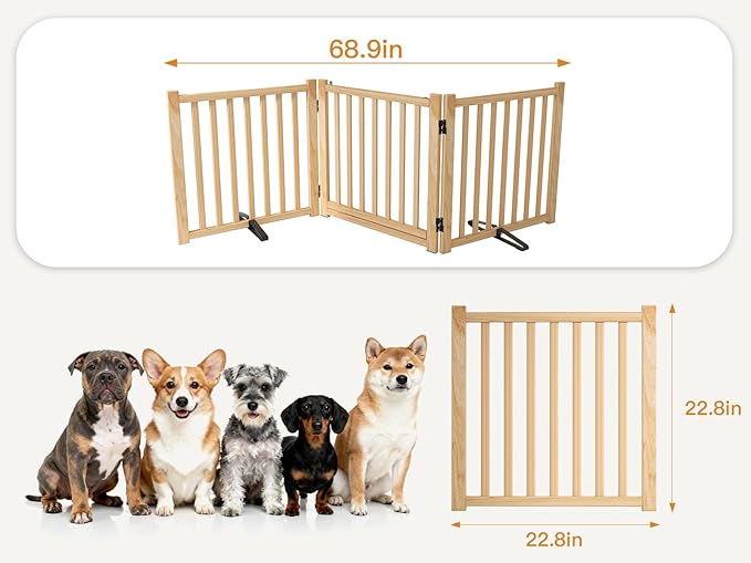 YOCAN Paint-Free Wooden Freestanding Dog Gates with Door for The House,Doorways, Stairs,Wood Dog Fences Indoor Pet Gate,Step Over Fence-3 Panel