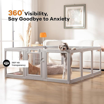 Clear Acrylic Dog Playpen Indoor, Puppy Cat Small Pet Play Pen, Pet Cat Playpen for Rabbits, Dog Fence Crate Kennel Whelping Cage (Grey, 12 Panel)