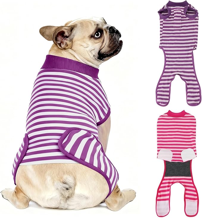 2 Packs Breathable Cotton Dog Recovery Suit for After Neuter Spay Abdominal Wounds Protector, Professional Anti-Licking Onesies for Male Female Pets Surgery Bandages, S Purple & Pink Stripes